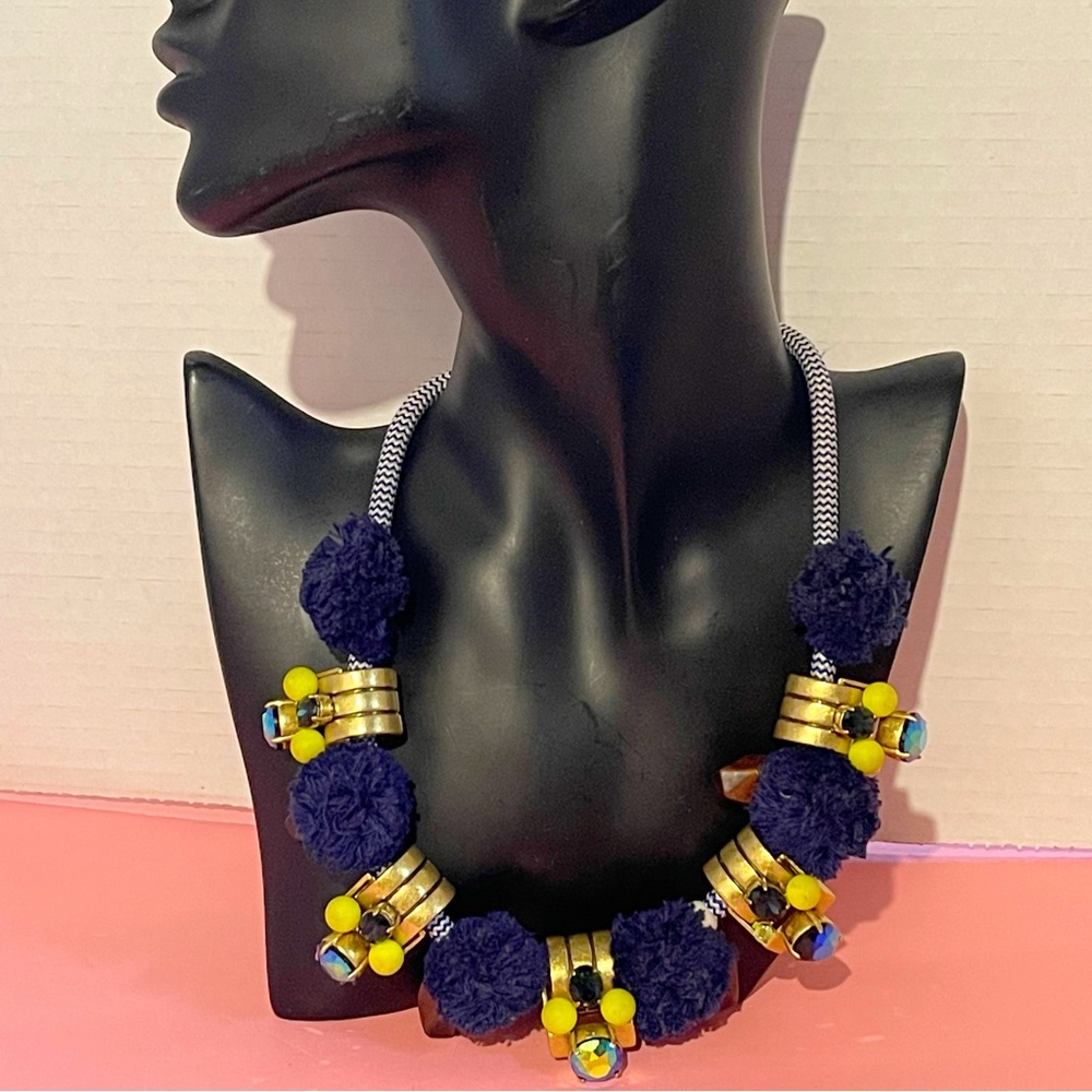 Jcrew necklace with pom poms wood and crystals